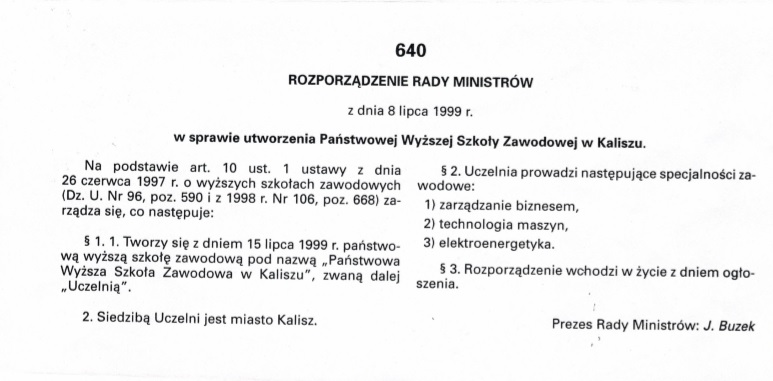 rozporządzenie w sprawie utworzenia Państwowej Wyższej Szkoły Zawodowej w Kaliszu