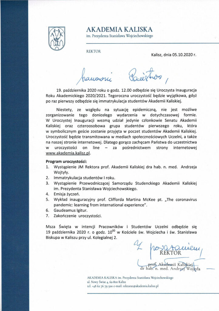 Skan pisma odnośnie uroczystej inauguracji roku akademickiego 2020/2021