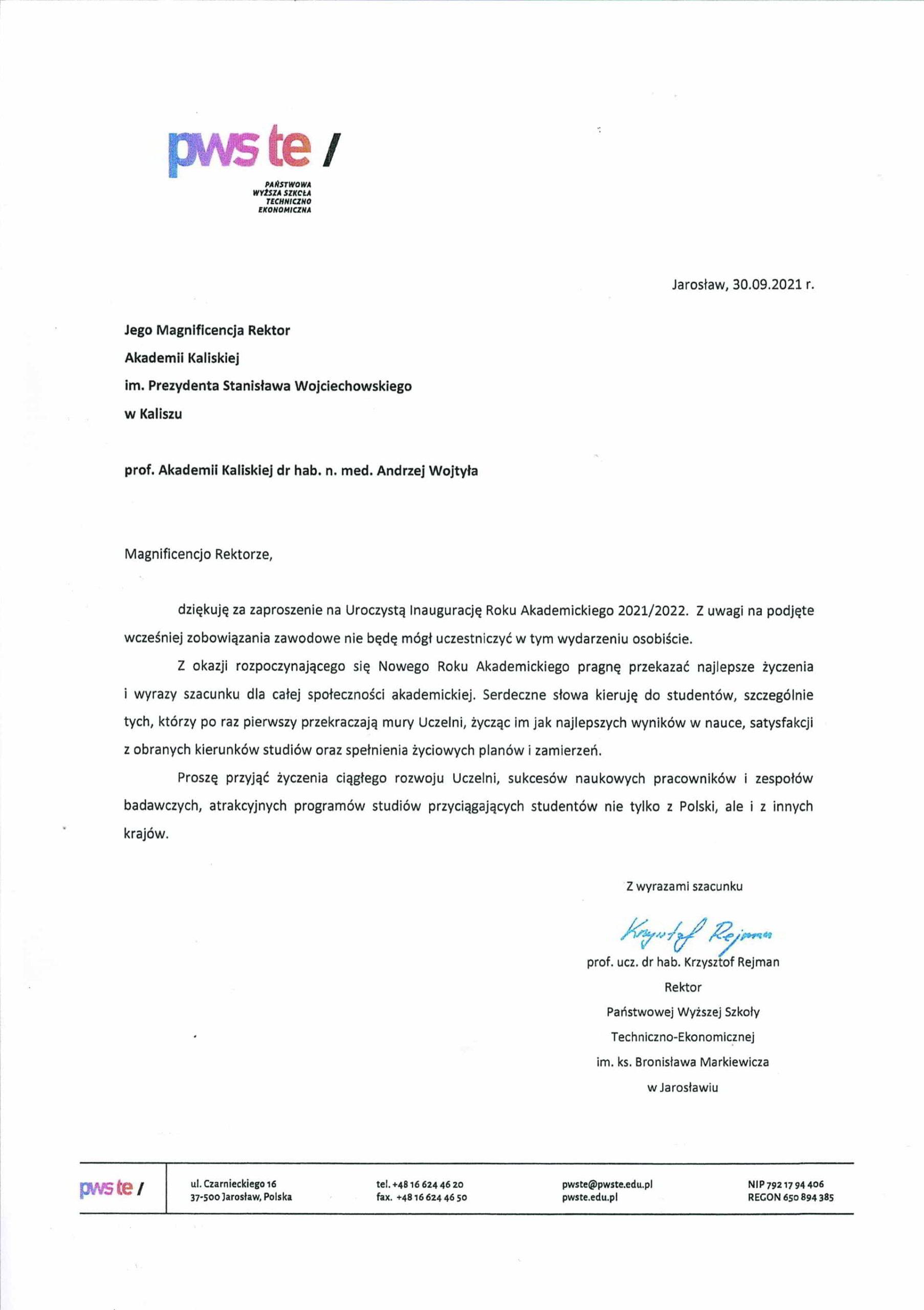 życzenia inauguracja roku akademickiego 2021/2022 Rektor PWSTE w Jarosławiu