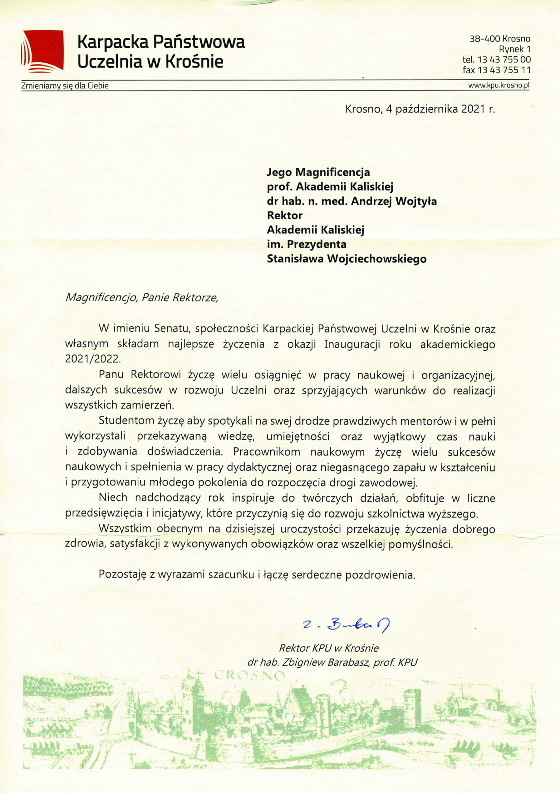 życzenia inauguracja roku akademickiego 2021/2022 Rektor KPU w Krośnie