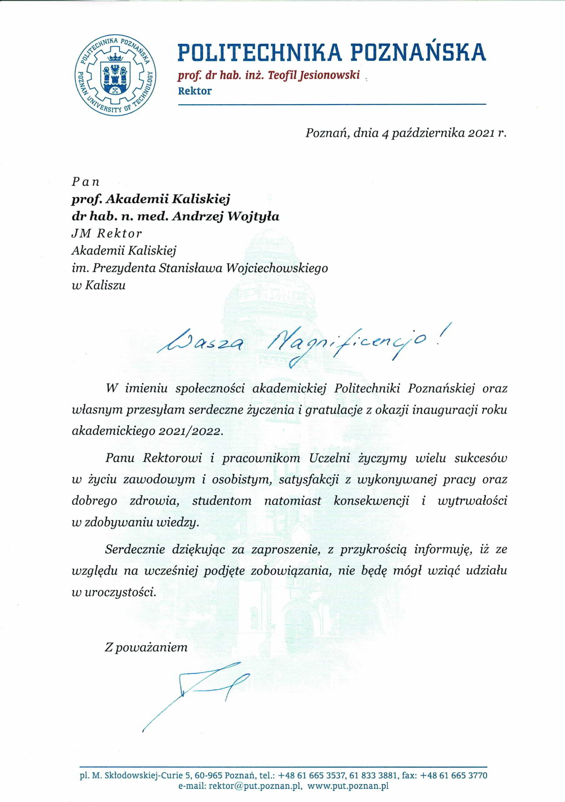 życzenia inauguracja roku akademickiego 2021/2022 Rektor Politechniki Poznańskiej