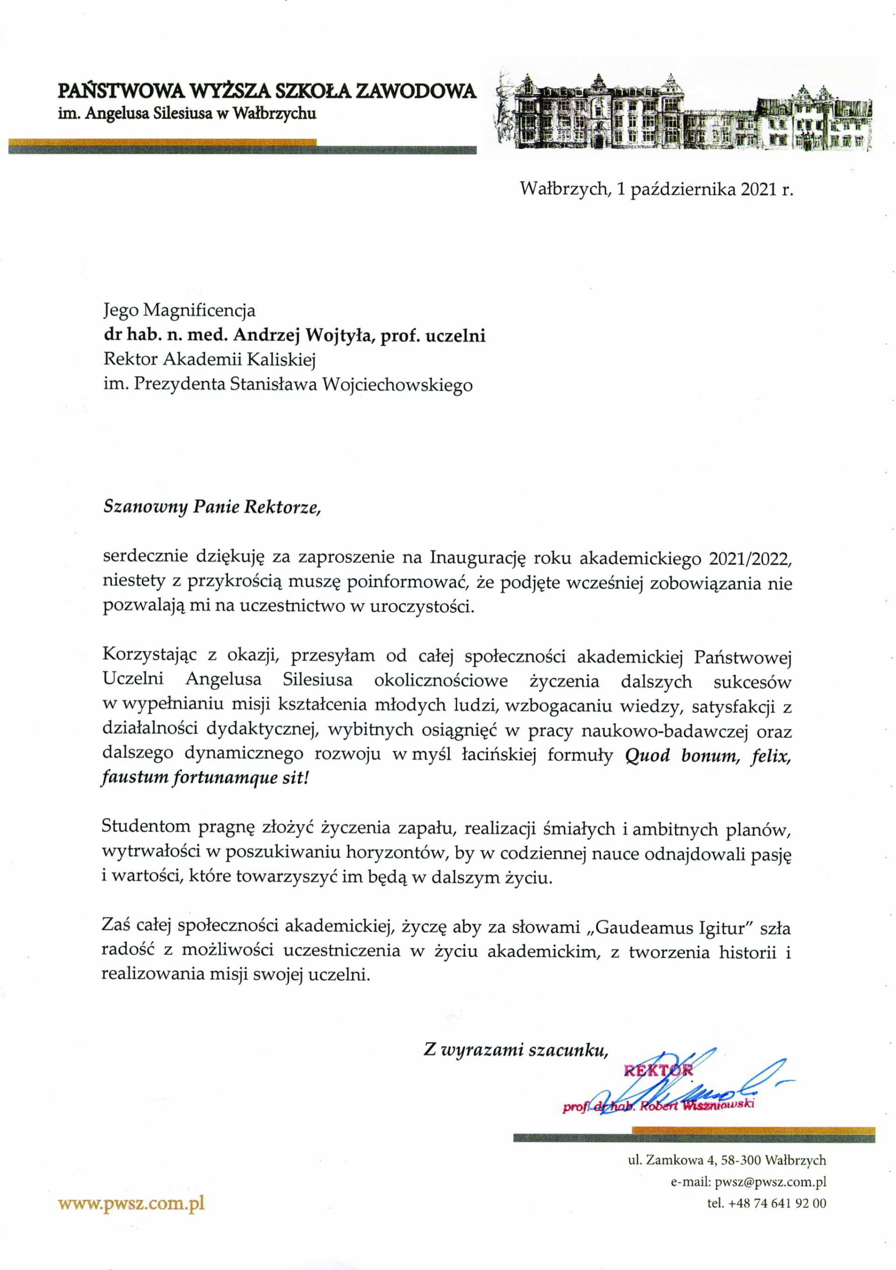 życzenia inauguracja roku akademickiego 2021/2022 Rektor PWSZ w Wałbrzychu