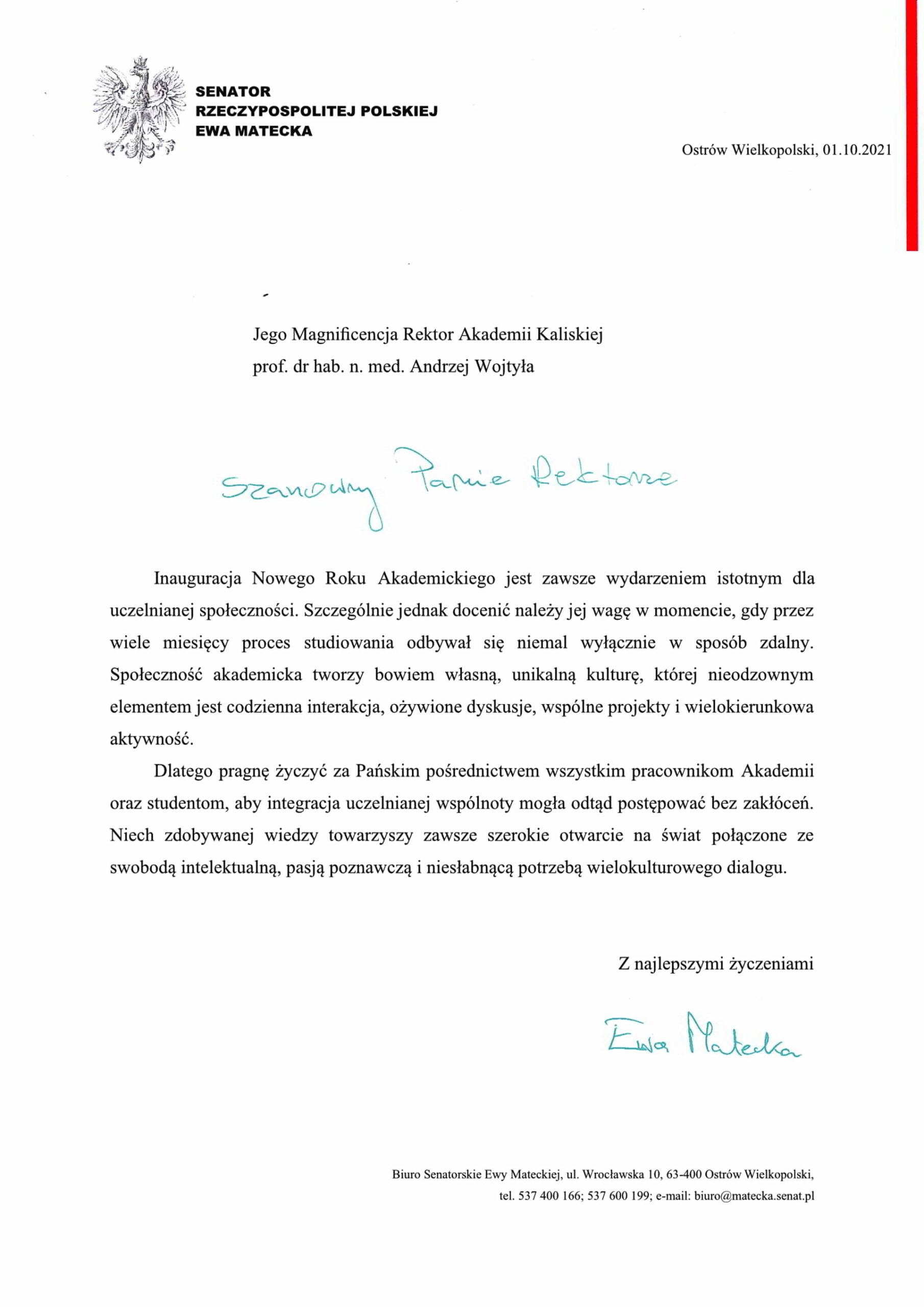 życzenia inauguracja roku akademickiego 2021/2022 Senator Rzeczypospolitej Polskiej